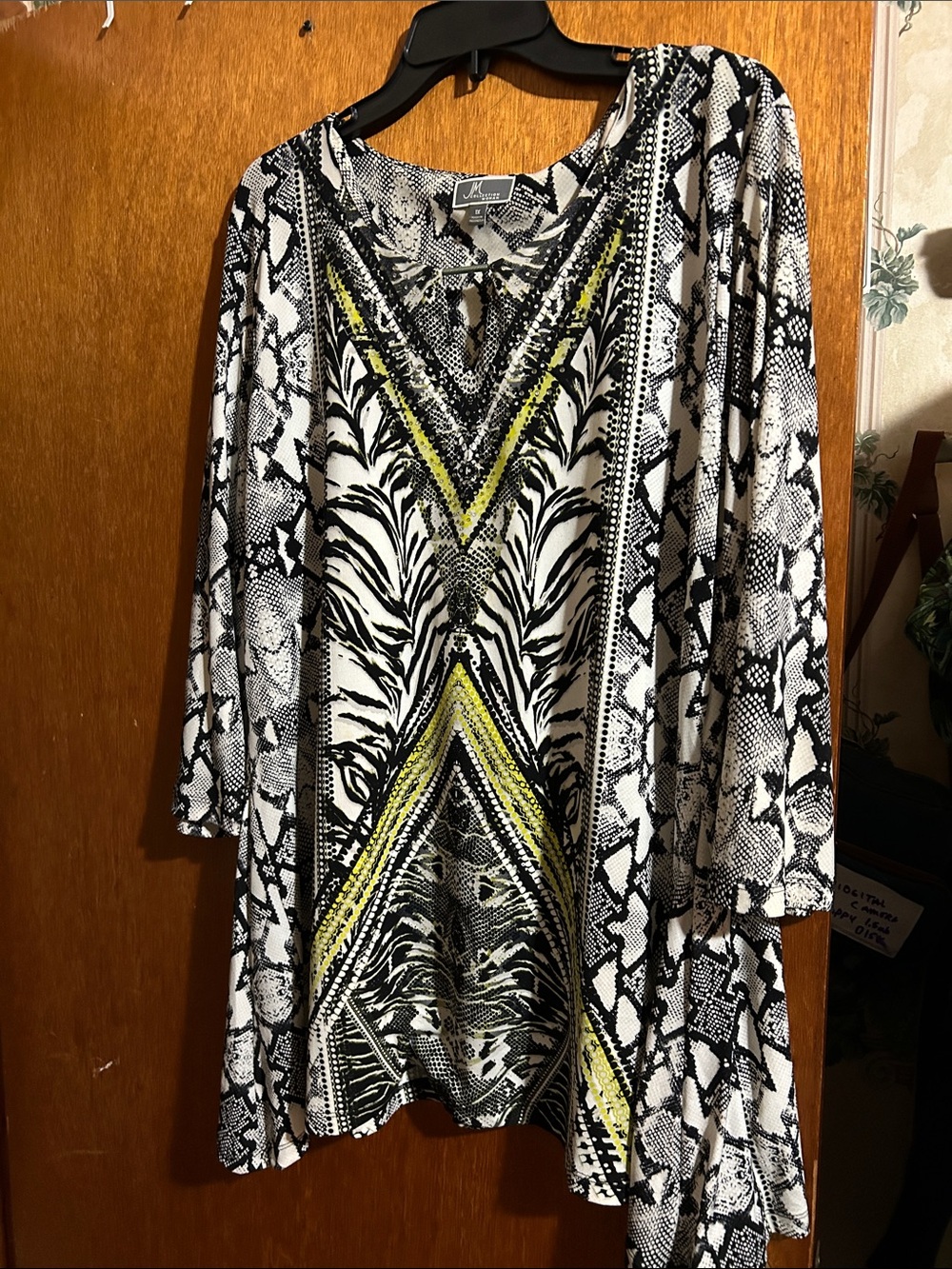 Susan Graver White & Black Printed Tunic with Yellow Accents